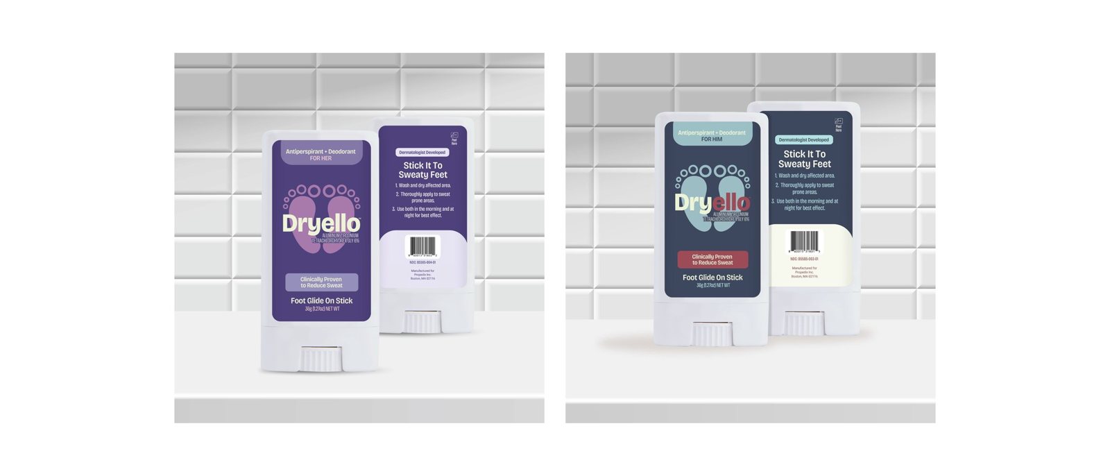 Dryello Antiperspirant Deodorant Foot Glide-On Sticks, For Her and For Him, front and back of package